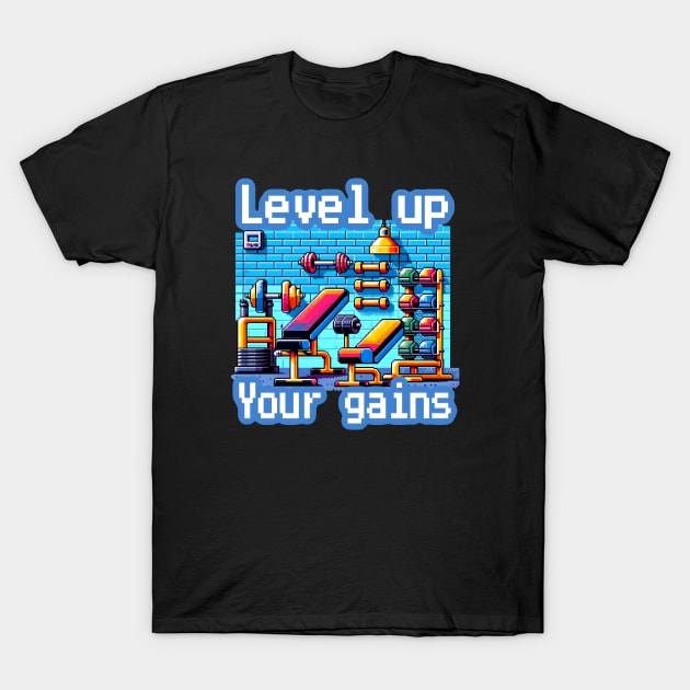 Pixel Power Gym: Level Up Your Gains - Retro Gaming Workout artwork T-Shirt by Mysticmuse